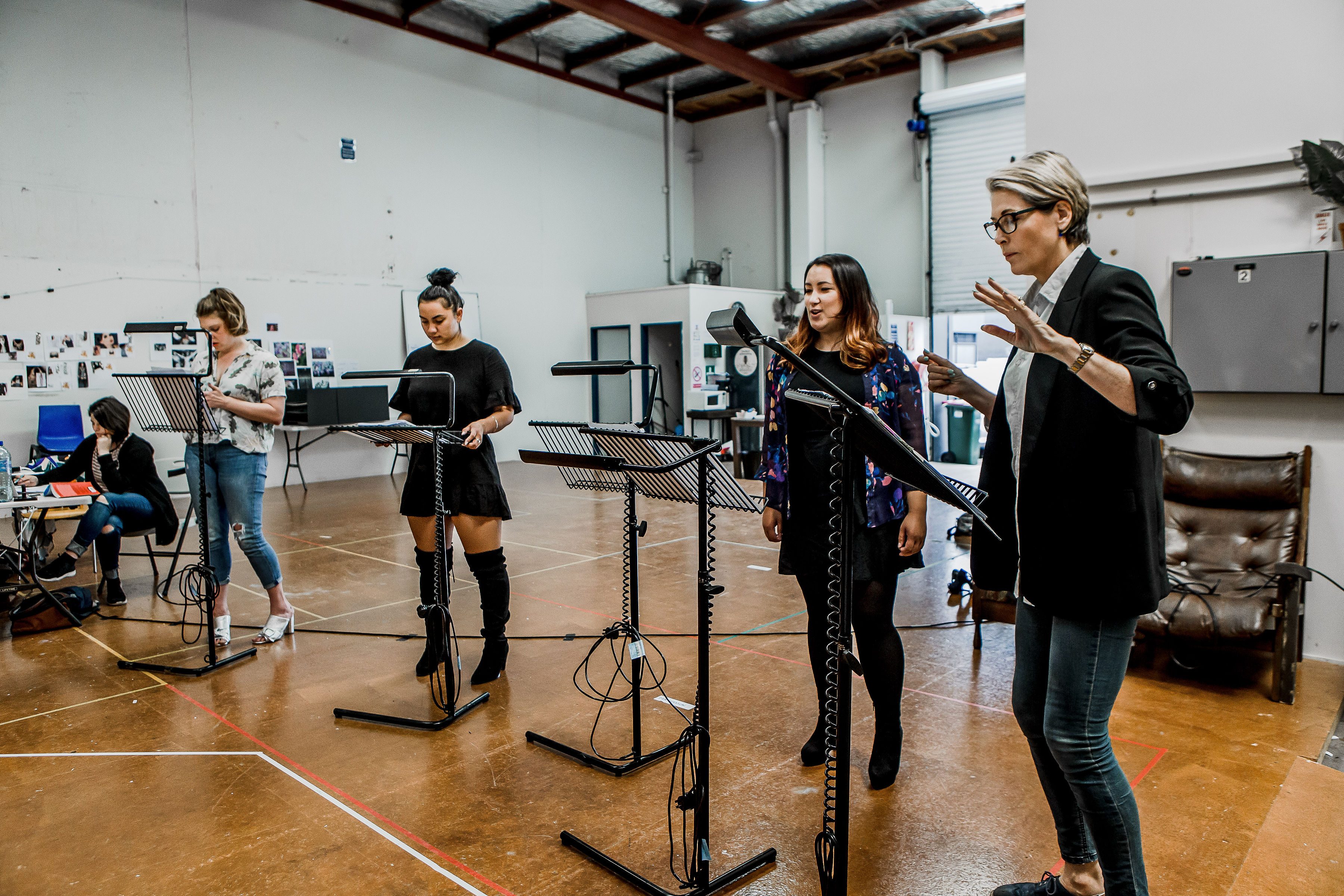 Colleen Davis, Villette, Sarah Nessia & Jennifer Ward-Lealand rehearse Here Lies Love