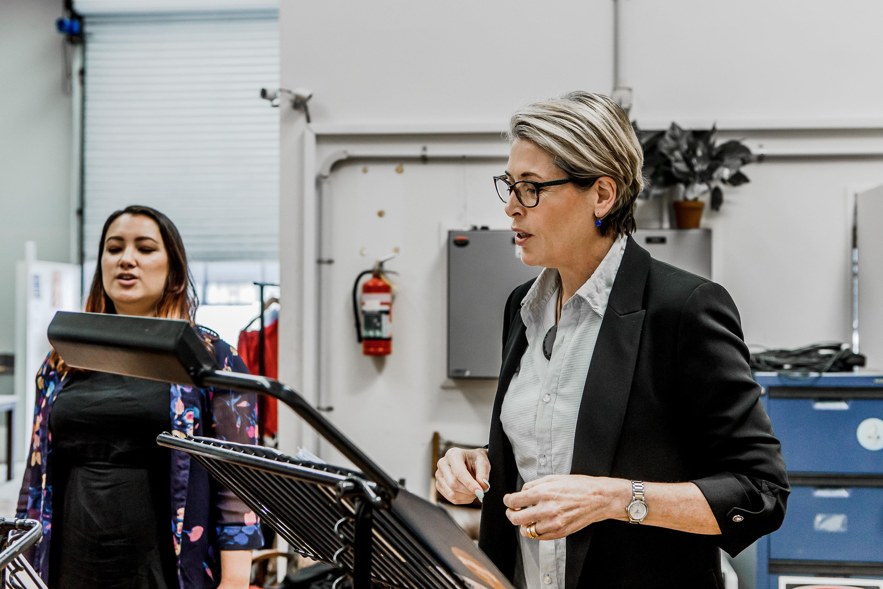 Sarah Nessia & Jennifer Ward-Lealand rehearse for Here Lies Love