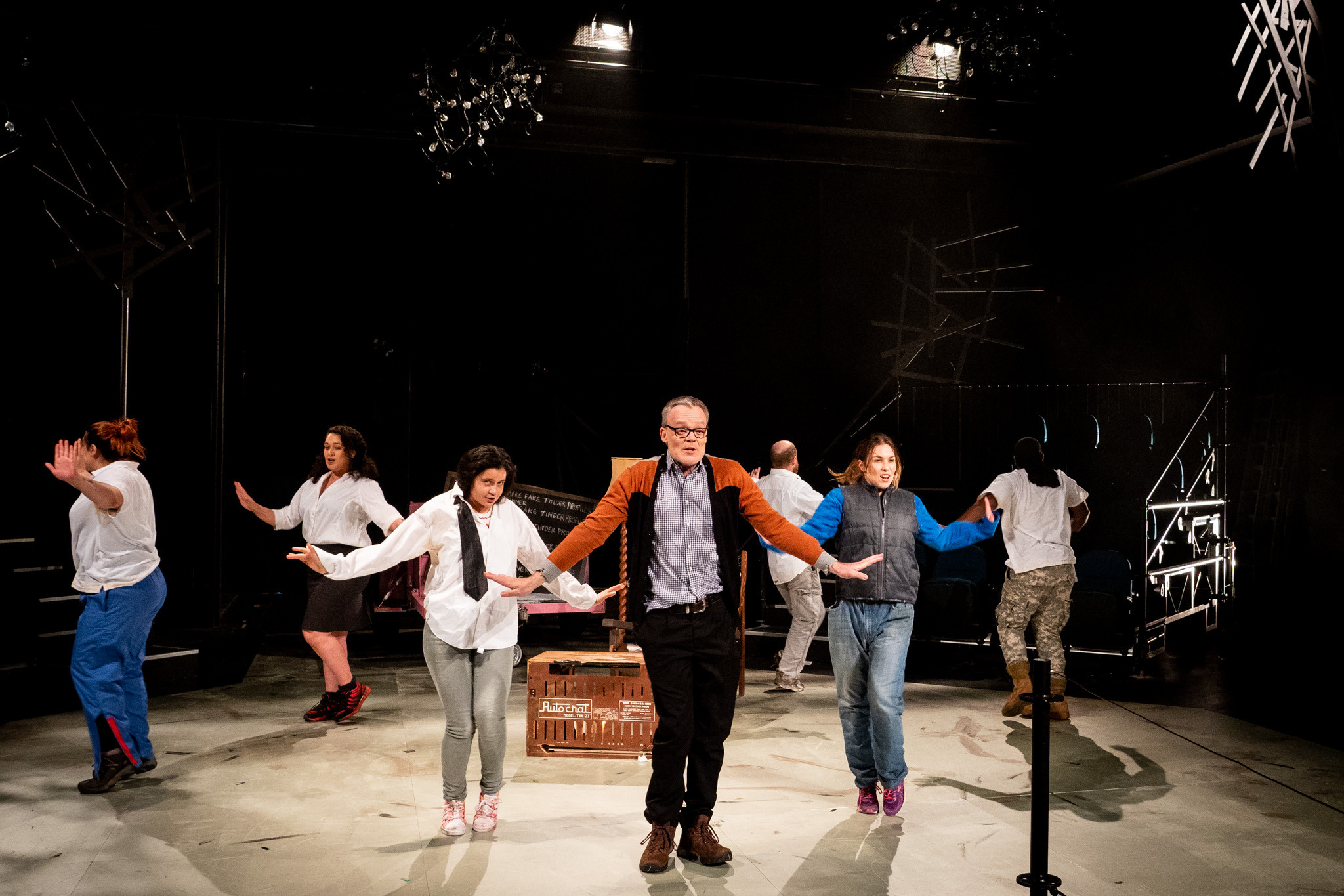 The Cast perform a dance routine in Mr Burns, A Post-Electric Play at Rangatira, Q Theatre, 2018.