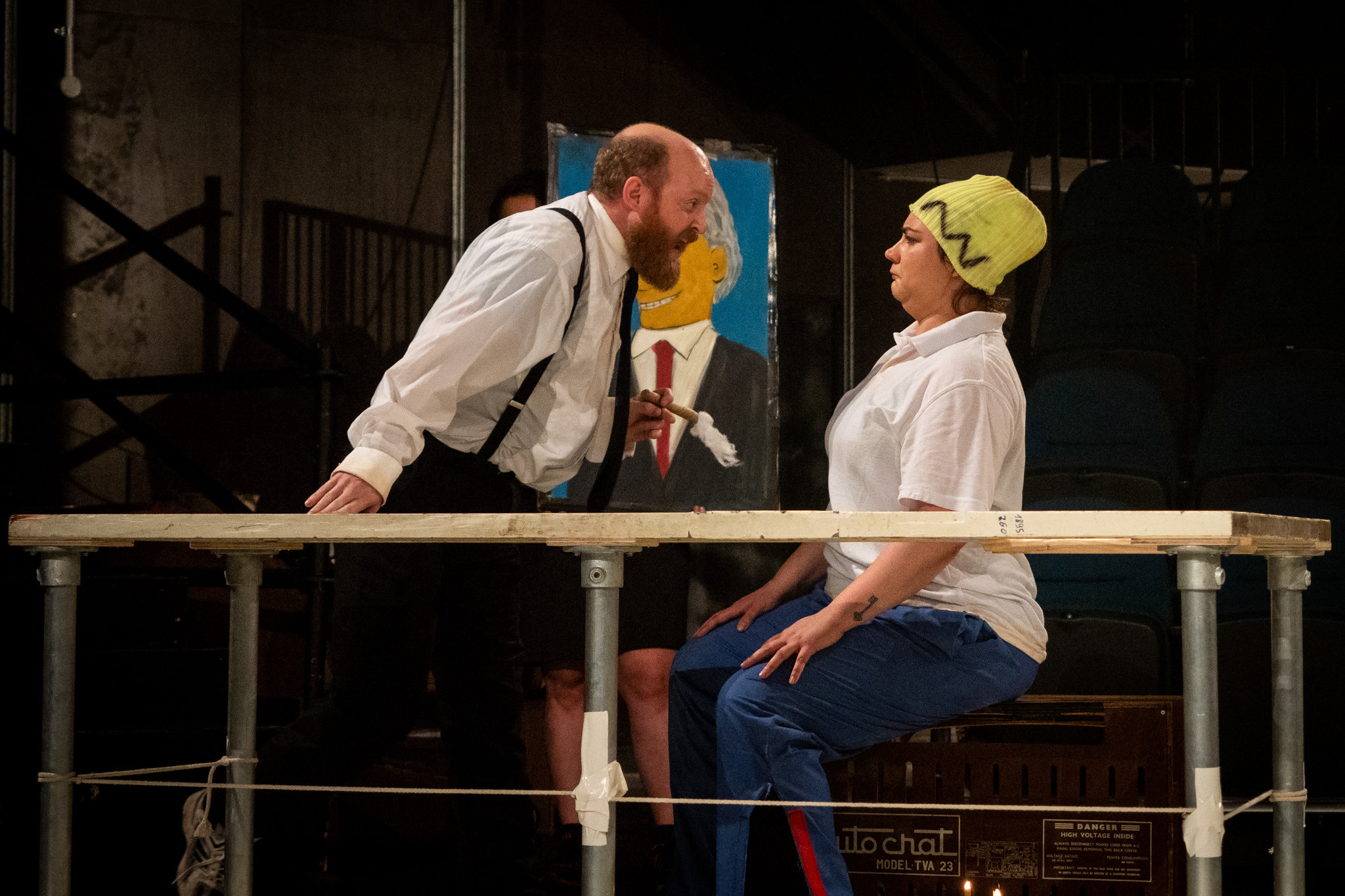 Byron Coll & Phoebe Hurst perform Mr Burns, A Post-Electric Play at Rangatira, Q Theatre, 2018.