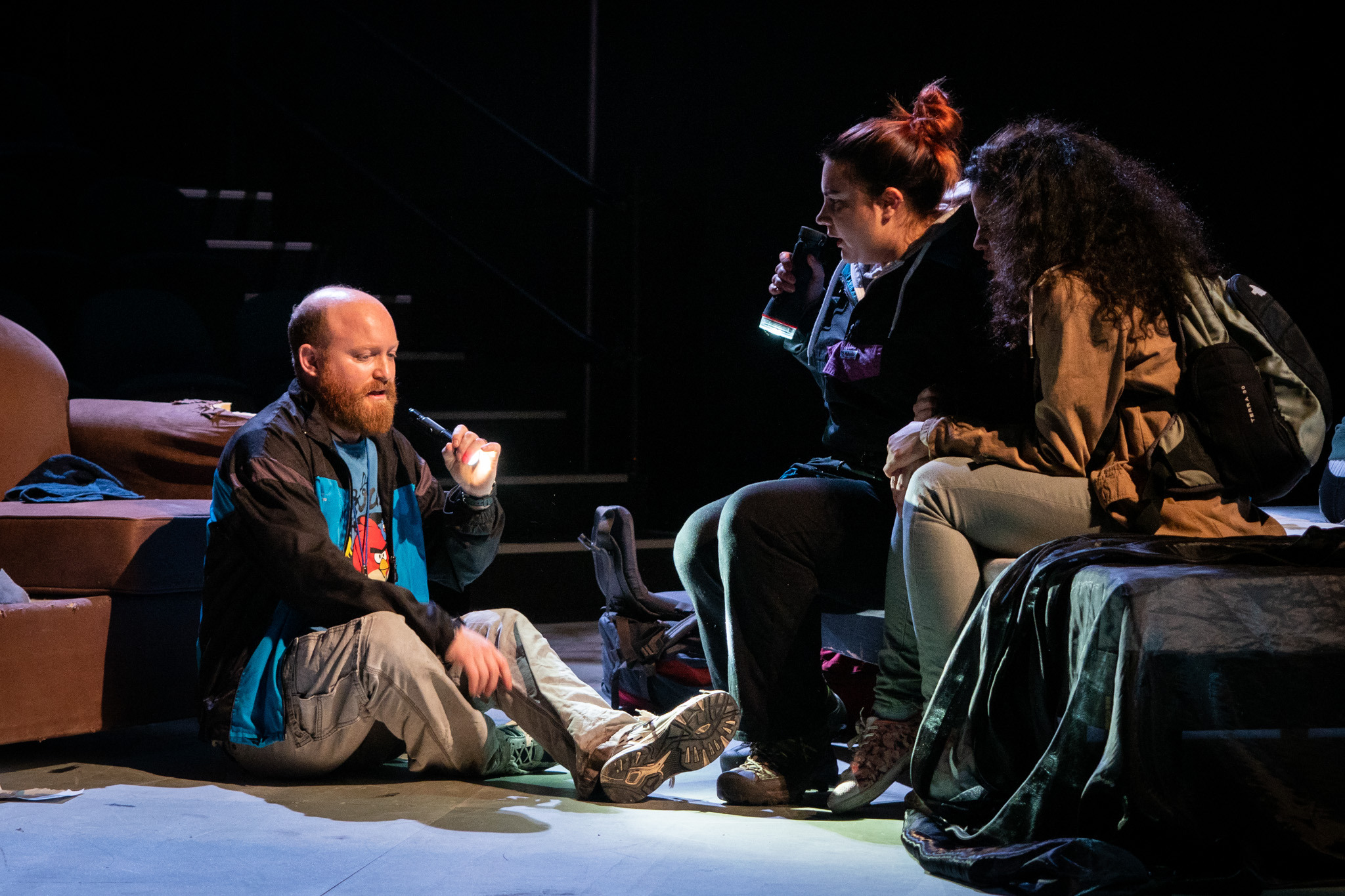 Byron Coll, Phoebe Hurst & Ana Scotney performs Mr Burns, A Post-Electric Play at Rangatira, Q Theatre, 2018.