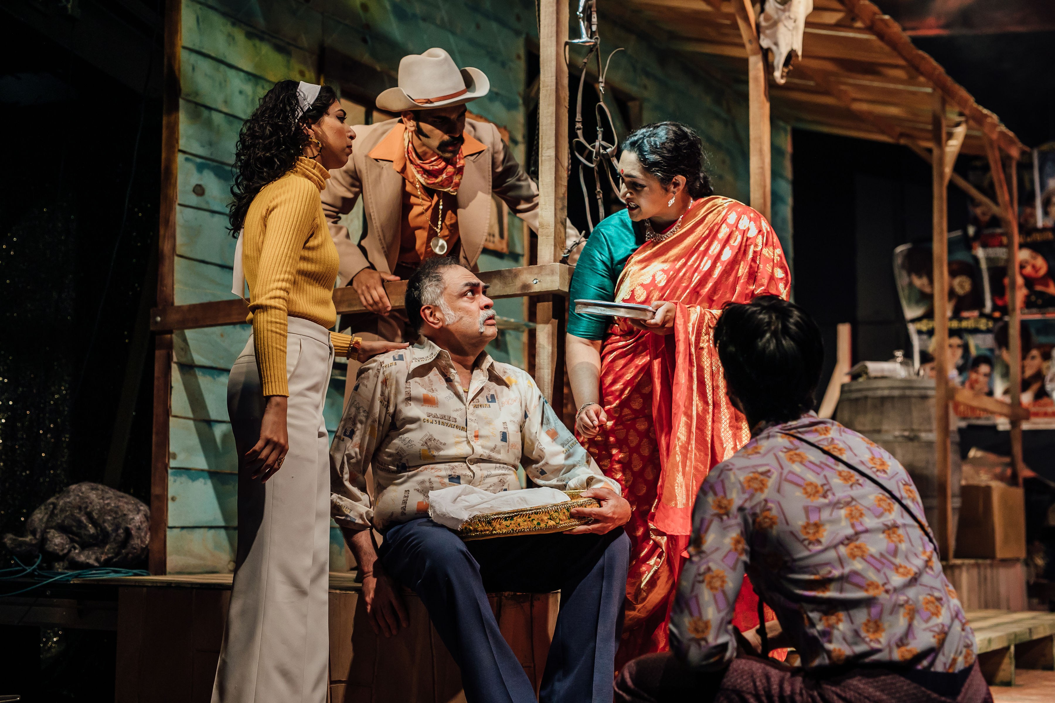 Sanaya Doctor, Mayen Mehta & Rashmi Pilapitaya gather around a seated Mustaq Missouri, as Shaan Kesha observes during My Heart Goes Thadak Thadak at Rangatira, Q Theatre, 2019.