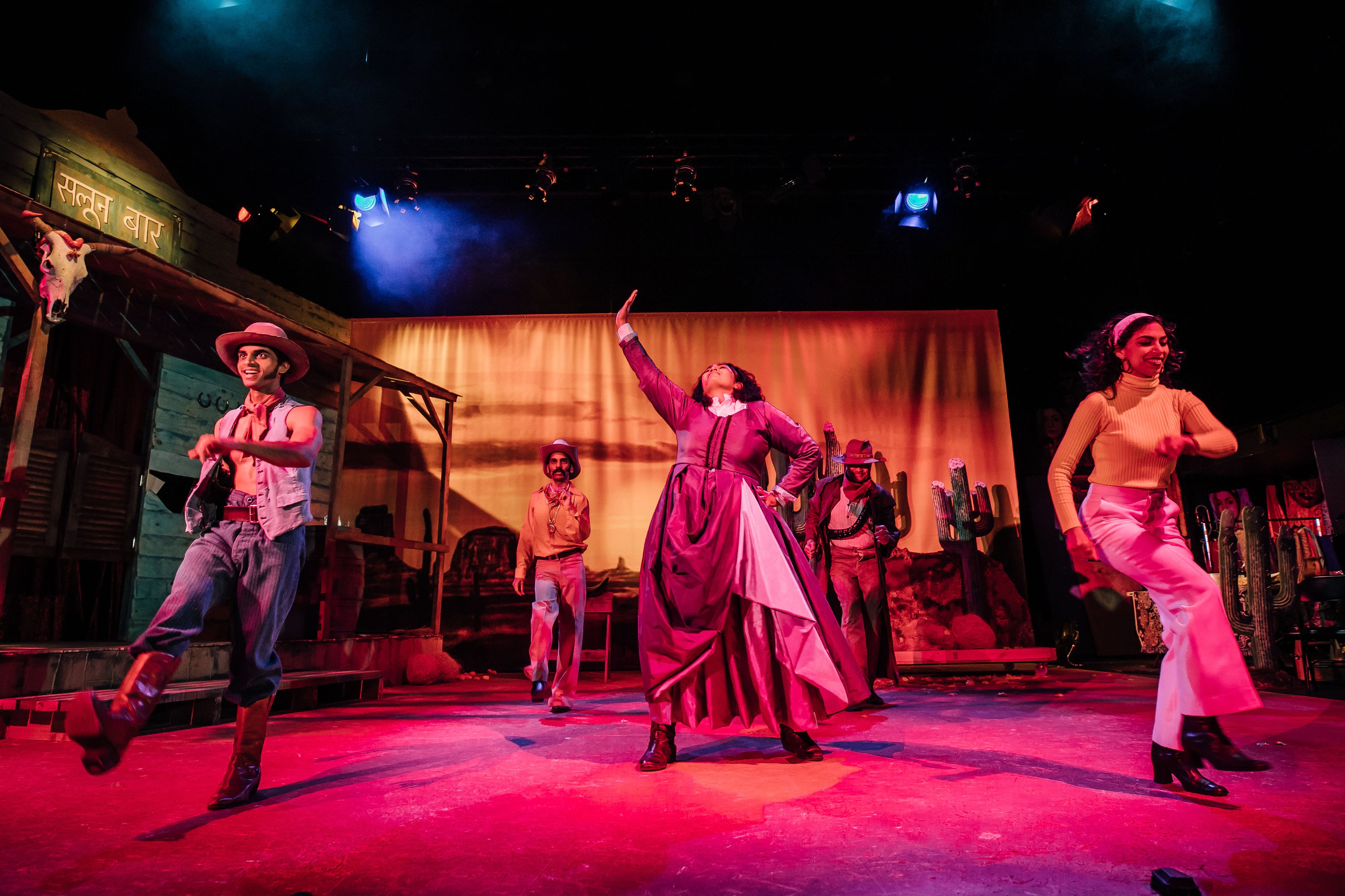 The cast dance during a performance of My Heart Goes Thadak Thadak at Rangatira, Q Theatre, 2019.
