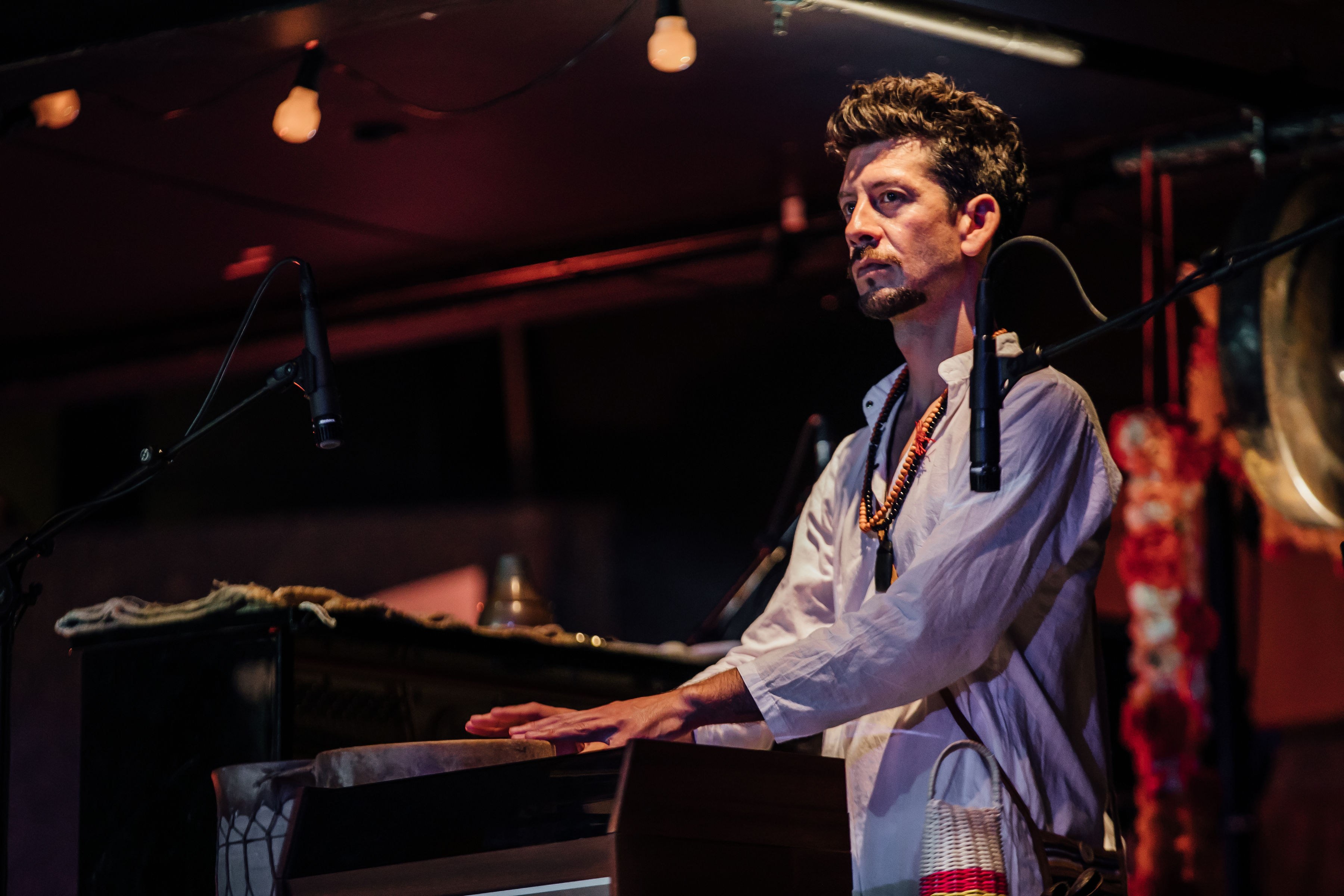 Leon Radojkovic plays live music for a performance of My Heart Goes Thadak Thadak at Rangatira, Q Theatre, 2019..