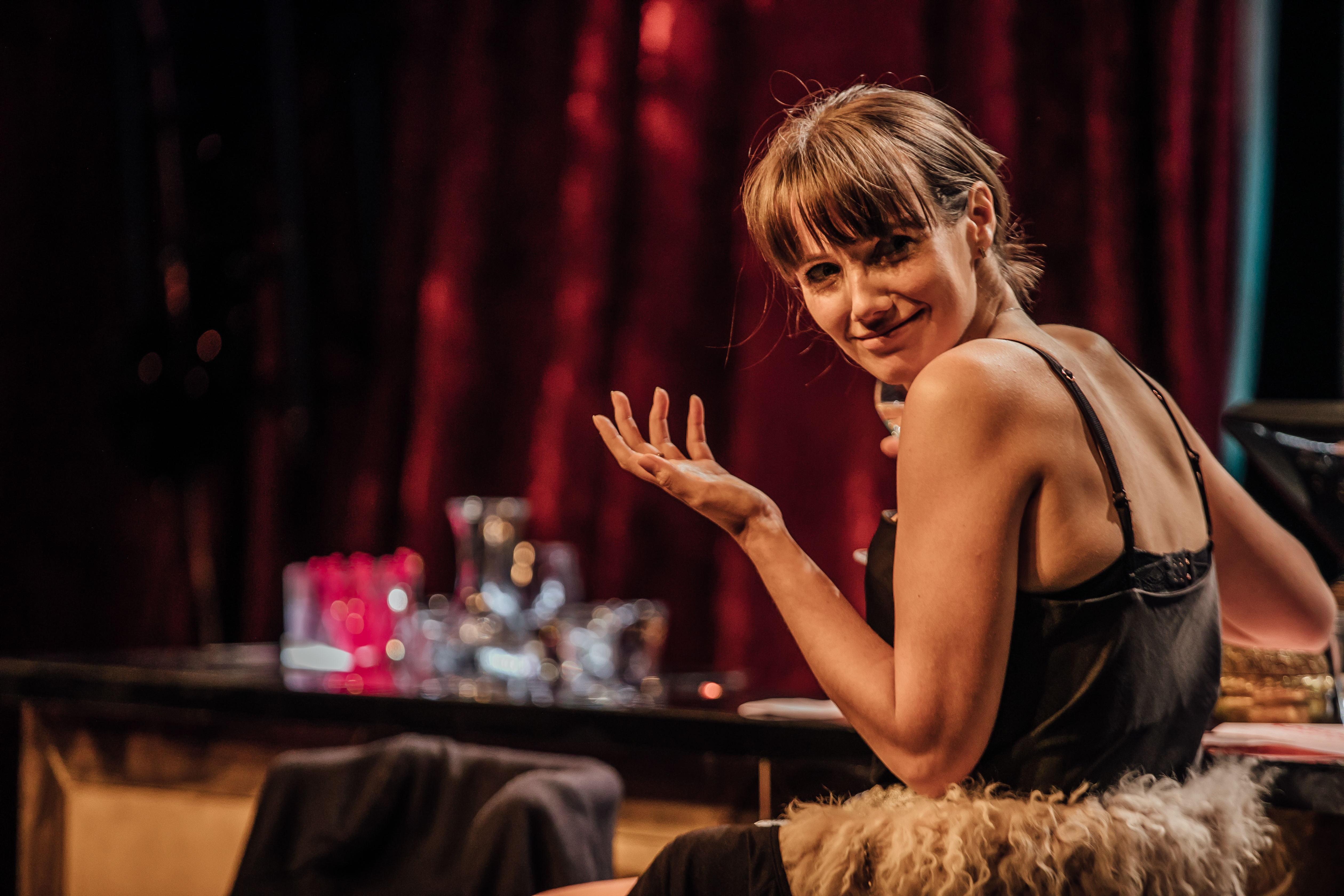 Natalie Medlock reacts to the night's mystery date in The Blind Date Project  at Loft, Q Theatre, 2019.