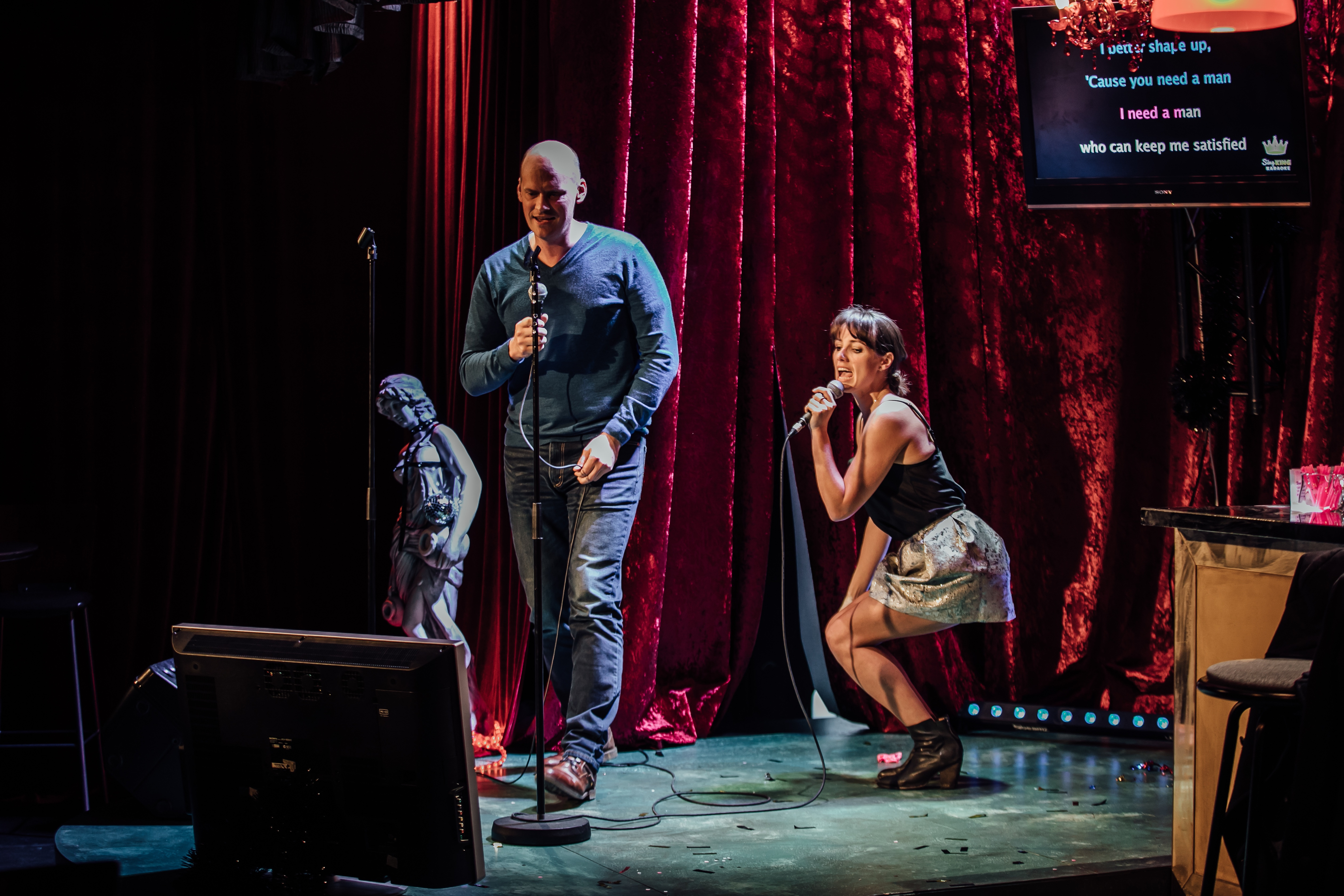 Natalie Medlock & Sam Snedden perform karaoke in The Blind Date Project at Loft, Q Theatre, 2019.