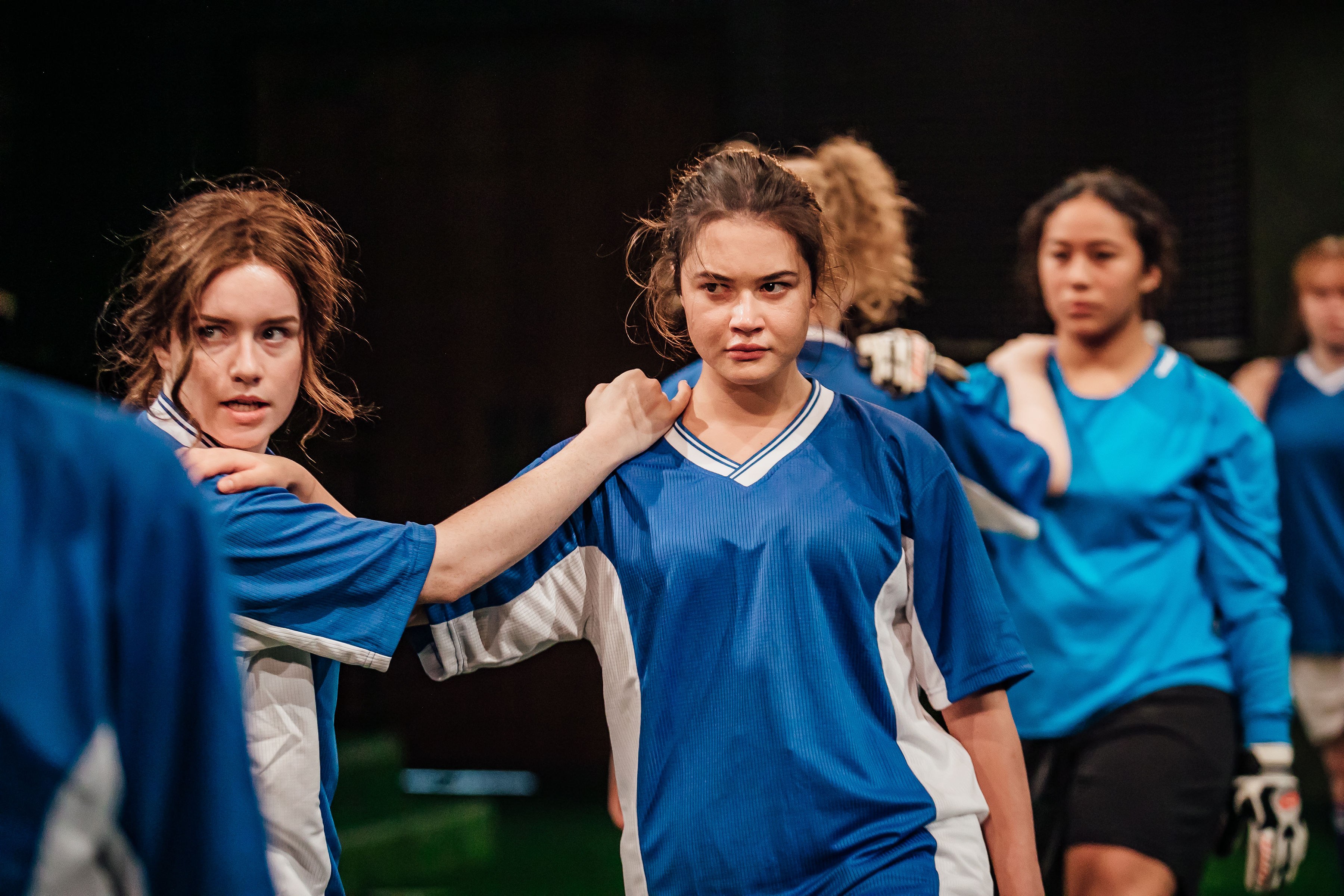 The cast perform The Wolves at Loft, Q Theatre, 2019.