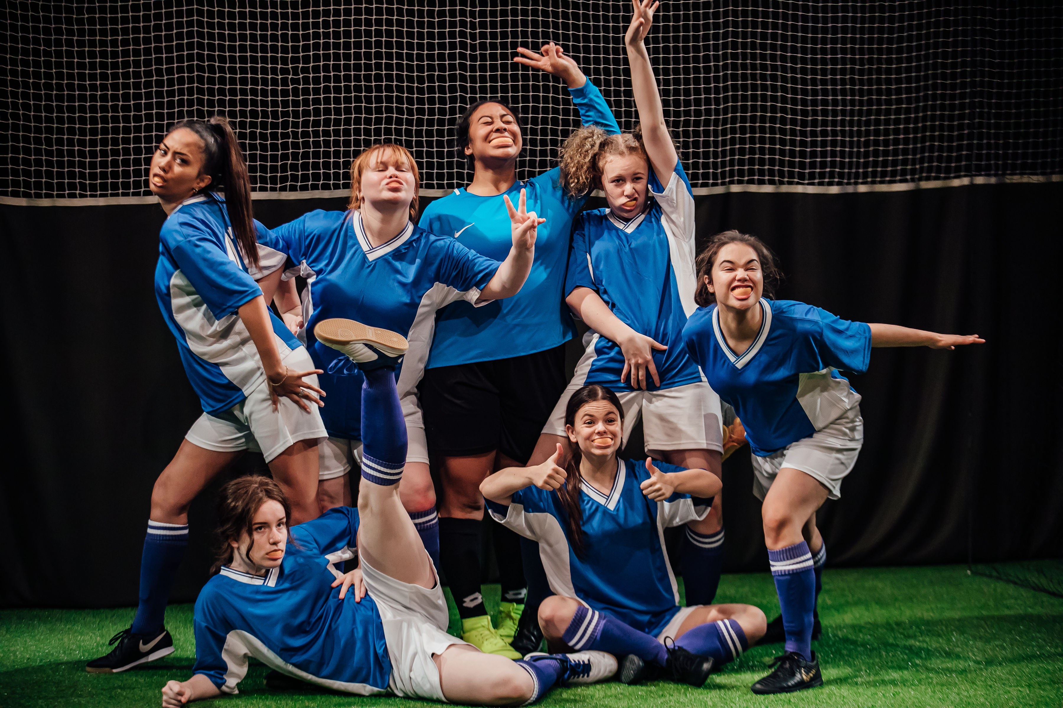 The cast perform The Wolves at Loft, Q Theatre, 2019.