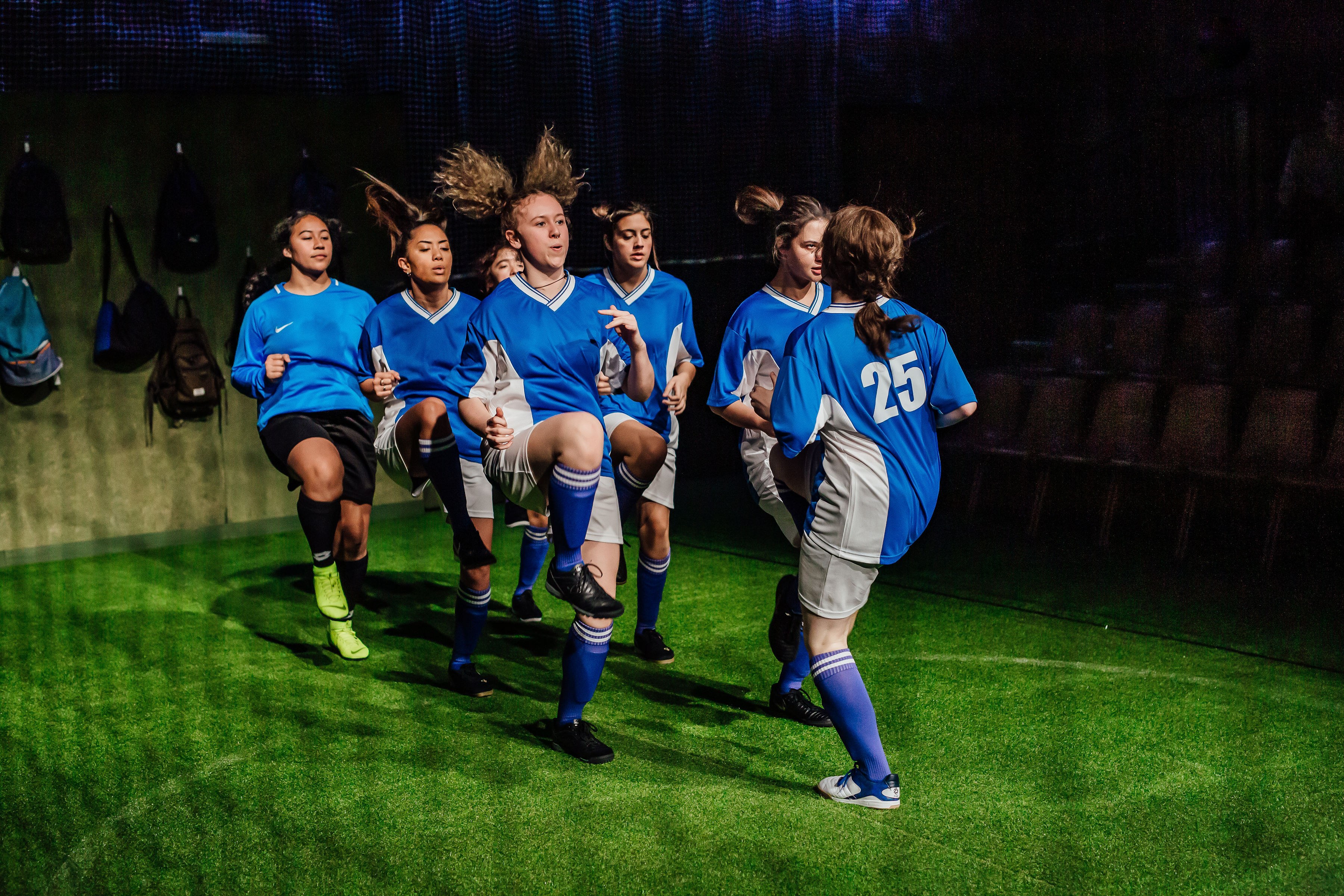 The cast performs The Wolves at Loft, Q Theatre, 2019.