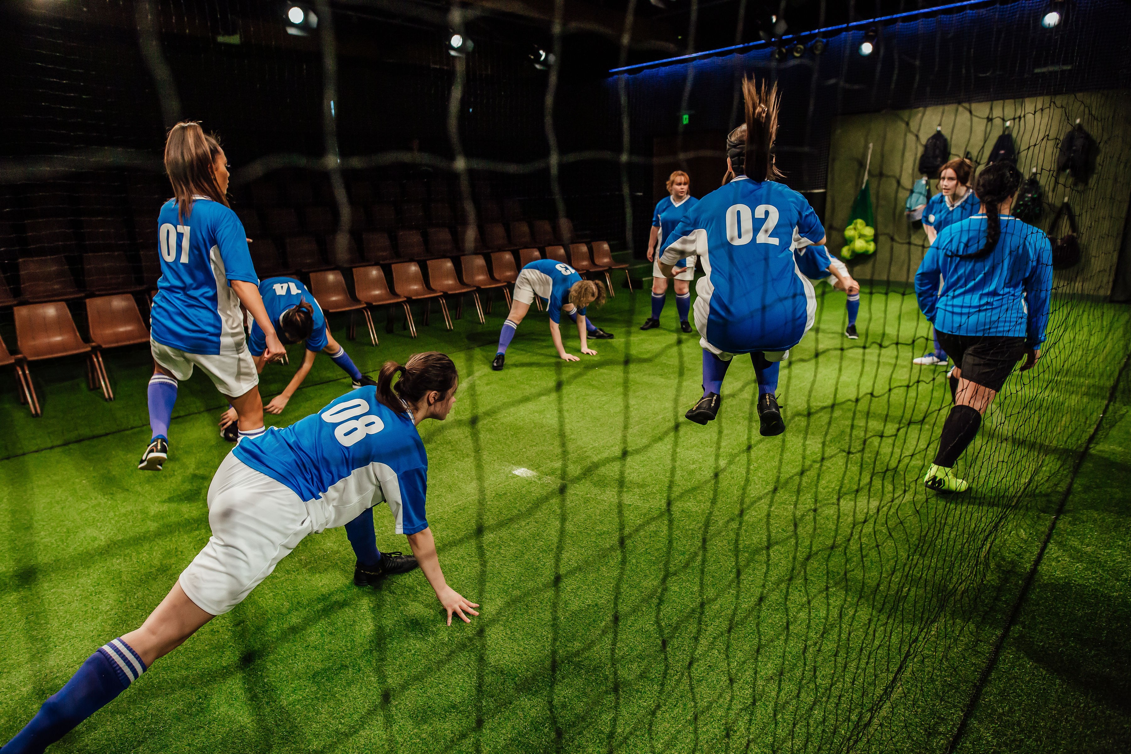 The cast performs The Wolves at Loft, Q Theatre, 2019.