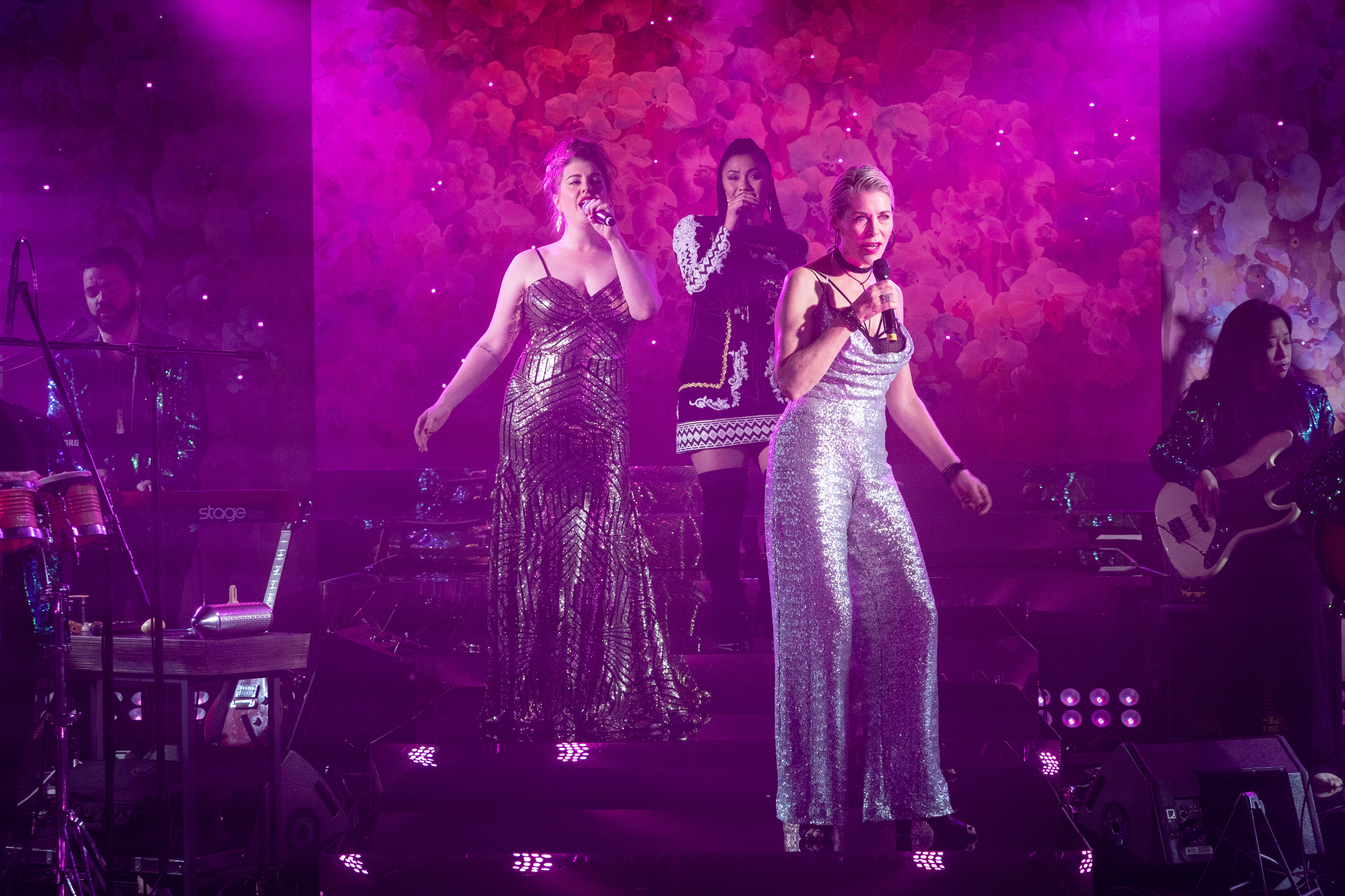 Colleen Davis, Villette & Jennifer Ward-Lealand perform Here Lies Love, at Rangatira, Q Theatre 2018.