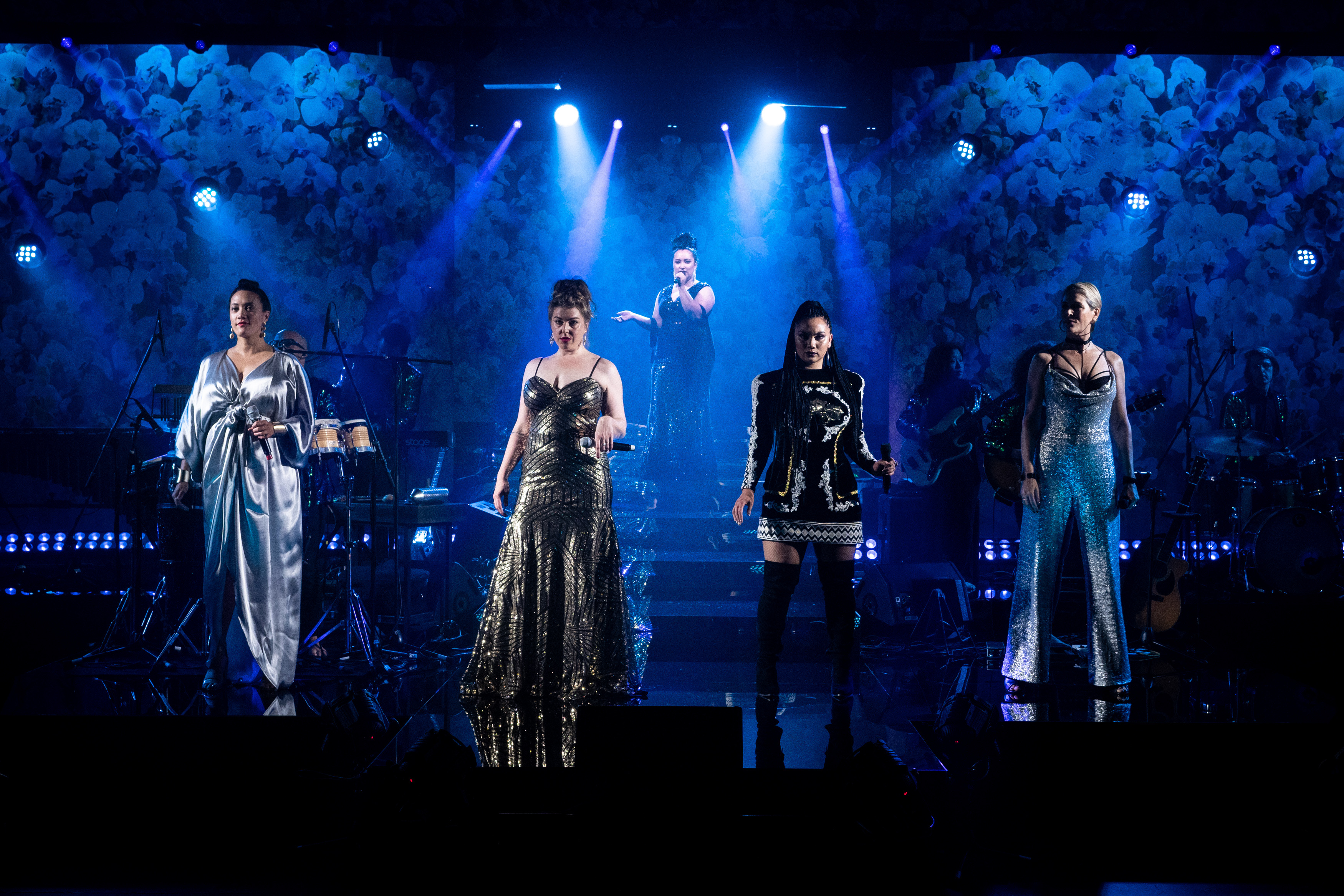 Ria Hall, Colleen Davis, Villette Dasha & Jennifer Ward Lealand perform Here Lies Love, at Rangatira, Q Theatre 2018.